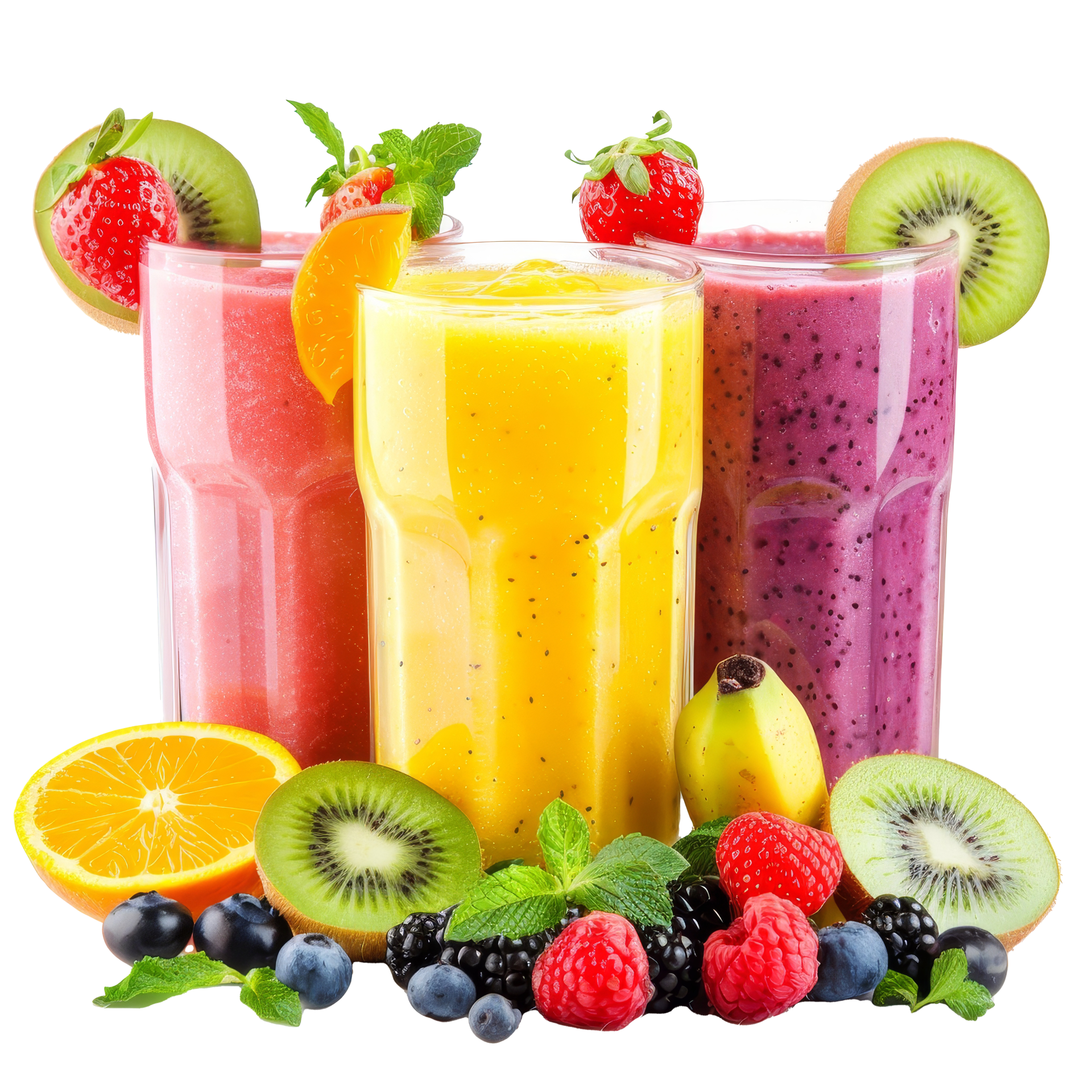 Smoothies colorés accompagnés de fruits frais